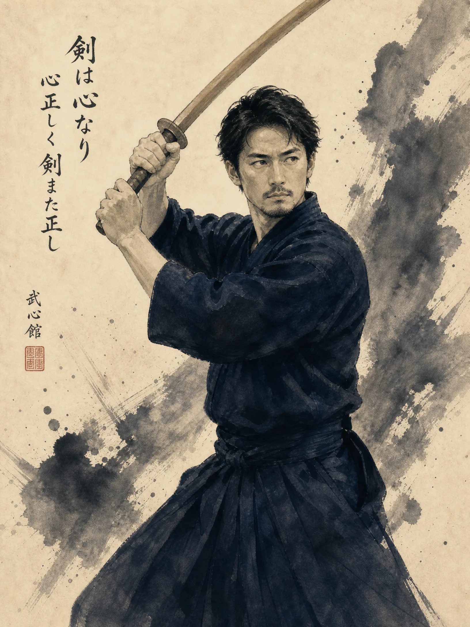 青年剑道指导员水墨﻿风肖像