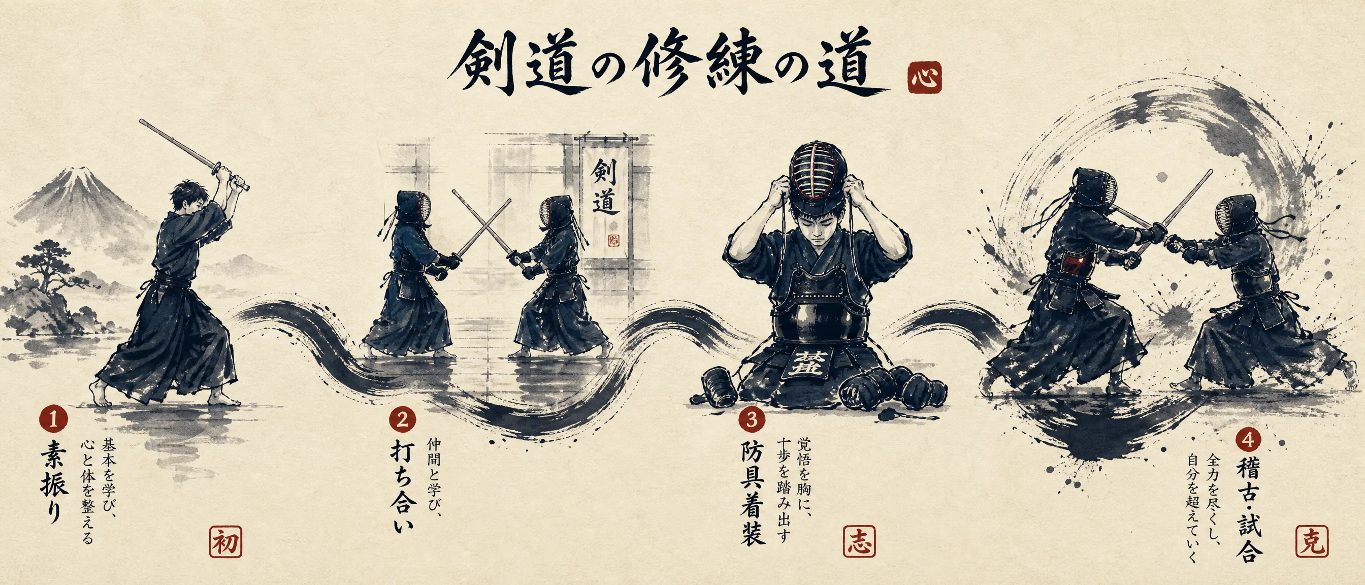 剑道修行历程水墨时间​轴插画